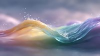 Vibrant liquid wave formation with dynamic splash and droplets in turquoise and golden colors against purple background, creating abstract fluid art motion effect.