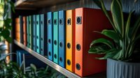 Colorful office binders arranged on wooden shelf with green plant, organized file folders in rainbow colors for business and document storage organization.