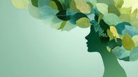 Abstract female silhouette with flowing leaf elements in green and blue tones, representing nature connection and environmental consciousness.