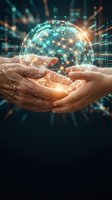 Hands holding glowing digital globe with network connections and data visualization, representing global technology, innovation, and worldwide digital transformation in business and communication.