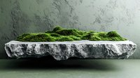 Floating stone platform with natural green moss growing on top against textured wall background, creating surreal minimalist landscape composition.