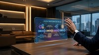 Businessman using holographic display showing digital transformation process with AI and data analytics in modern office environment.