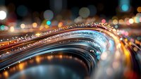 Abstract curved lines with glowing light trails and bokeh effects create dynamic motion against dark background, suggesting digital connectivity and flow.