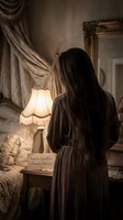 Woman in vintage robe standing by antique lamp in elegant bedroom with ornate mirror and luxurious curtains creating atmospheric mood lighting.