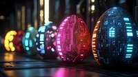 Glowing Easter eggs with circuit board patterns lined up in vibrant neon colors against dark background, creating futuristic holiday decoration.
