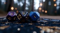 Mystical gaming dice with glowing numbers on dark surface against blurred fairy lights background, featuring black and blue polyhedral dice for tabletop games.