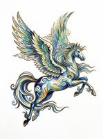 Ornate winged horse with flowing mane and tail in blue and gold tones, isolated on transparent background. Ready for t-shirt design, stickers, sublimation, and print-on-demand products.