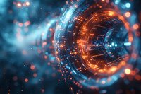 Abstract digital tunnel with orange and blue light particles creating futuristic technology portal effect against dark background.