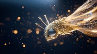 Abstract golden crown with glowing light rays and sparkling particles against dark background, creating magical royal atmosphere.