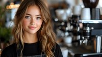 Young female barista with warm smile and wavy brown hair wearing black top stands confidently in coffee shop with professional espresso machine in background. Soft bokeh lighting.
