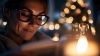 Young Hispanic woman in glasses smiling warmly while looking at glowing candle, with soft bokeh lights creating cozy evening atmosphere. Peaceful holiday moment.