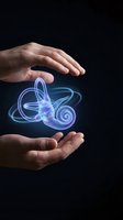 Hands protecting glowing digital stethoscope hologram representing healthcare technology innovation and medical data security on dark background.