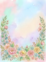 Watercolor floral frame with pastel roses, leaves, and berries on a soft rainbow background, perfect for greeting cards and invitations.