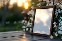 Empty wooden photo frame on rustic table surrounded by white spring blossoms at sunset, soft bokeh background creates romantic atmosphere.