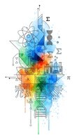 Colorful watercolor science concept with DNA helix, molecular structures, mathematical formulas and laboratory equipment for educational materials.