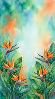 Watercolor tropical background with bird of paradise flowers and lush green leaves in vibrant orange, teal, and green tones with copy space.
