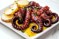 Grilled octopus with potatoes in olive oil and herbs served on white plate, close up view of Mediterranean seafood dish garnished with parsley.