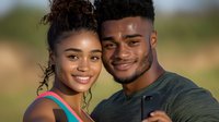 Young African American couple taking selfie outdoors during golden hour, smiling and embracing while capturing moment on smartphone, natural lighting and bokeh background.