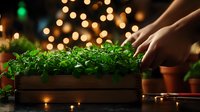 Fresh microgreens growing in wooden box with warm bokeh lights background, hands tending to indoor garden, cozy home gardening atmosphere.