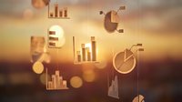 Golden financial charts and graphs floating against a warm sunset bokeh background, symbolizing business growth and data analytics.