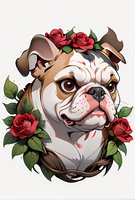 Artistic portrait of English bulldog surrounded by red roses and green leaves on white background. Decorative pet illustration with floral elements.