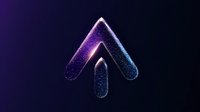 Glowing purple and blue arrow pointing upward with sparkle particle effect on dark background, modern minimalist design for digital media and presentations.