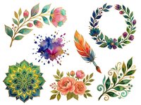 Watercolor floral elements including botanical branches, decorative wreath, mandala, feather, and flower clusters in vibrant colors. Isolated clipart for design projects.