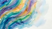 Colorful watercolor abstract background with flowing rainbow waves in blue, green, purple, and yellow tones on white paper texture.