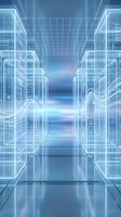 Futuristic data center corridor with glowing blue server racks and digital grid patterns creating high-tech computing environment for technology concepts.
