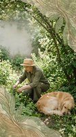 Middle-aged Caucasian woman gardener in straw hat tending plants with golden retriever dog resting nearby in lush green garden setting for lifestyle content.