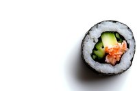 Single sushi roll with salmon, cucumber and rice on white background, minimalist food photography composition showing fresh Japanese cuisine detail.