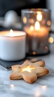 Warm cozy atmosphere with star-shaped gingerbread cookie candle holder, white tea light and glass lantern creating soft ambient lighting for home decor.