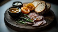 Sliced roast beef on wooden plate with fresh bread, tomatoes, rosemary herbs and dipping sauces, moody dark food photography with selective focus.