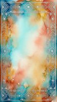 Watercolor background with tribal geometric border frame featuring arrows, diamonds, and ethnic patterns in turquoise, coral, and gold tones. Isolated design element for invitations, posters, and creative projects.