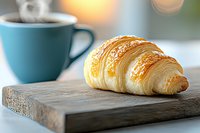 Fresh baked croissant with crispy golden crust on wooden board and steaming cup of coffee in turquoise mug against blurred background for breakfast.