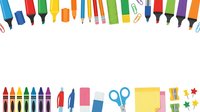 Colorful markers, highlighters, pens, scissors, sticky notes and paper clips arranged on white background for office, school and creative design projects.