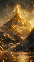 Majestic mountain peak glowing with golden light, surrounded by magical sparkles and bokeh effects against dark dramatic sky, reflecting in calm waters below.
