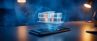 Modern smartphone displaying holographic house projection with digital blueprints and glowing effects for real estate technology and smart home applications.