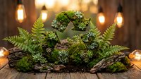Natural moss and fern arrangement on bark with warm Edison bulb lighting creates cozy botanical atmosphere for home decor and nature-inspired design projects.