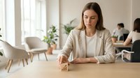 Focused woman arranging wooden blocks on desk in modern office with colleagues working in background, representing business strategy and professional growth.