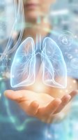 Digital holographic lungs floating above open palm with medical interface elements and glowing effects for healthcare technology presentations.