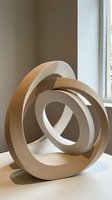Modern abstract sculpture with curved interlocking rings in neutral tones displayed in contemporary interior space for home decor and artistic design.