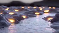 Glowing warm lights illuminate snow-covered landscape at dusk, creating magical winter atmosphere with reflections on melting surface and soft shadows.