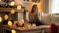 Young blonde woman enjoying hot drink on cozy sofa with Christmas lights and festive decorations in warm living room during holiday season.