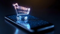 Glowing neon shopping cart hologram floating above smartphone screen with blue particles, representing digital commerce and mobile shopping technology.