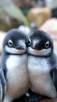 Close-up portrait of two baby penguins standing side by side, showing their fluffy black and white feathers and distinctive beaks against blurred background.