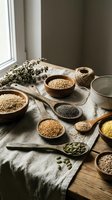 Assorted organic grains, seeds and legumes in wooden bowls on rustic linen cloth near window for healthy cooking and nutrition concepts.