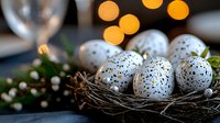 Speckled quail eggs in natural twig nest with soft bokeh lights and spring blossoms, creating seasonal Easter or spring holiday atmosphere.