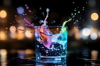 Dynamic colorful liquid splash in glass with vibrant purple and turquoise water droplets against blurred bokeh lights background for beverage advertising.