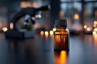 Amber glass essential oil bottle in laboratory setting with microscope and bokeh lights, creating atmospheric medical research environment. Professional healthcare concept.